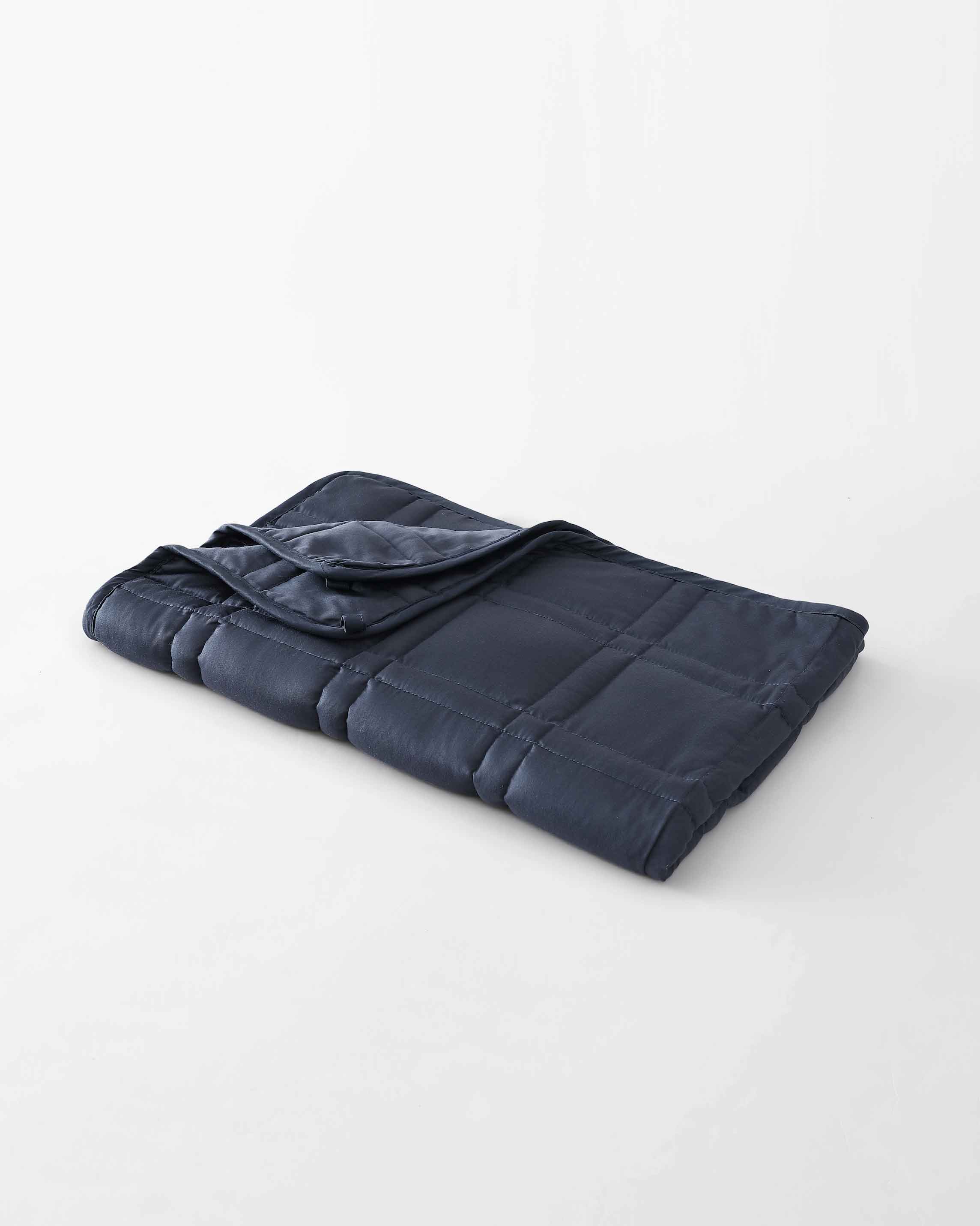 A small folded lap blanket in blue on a white background. [43580656713947]