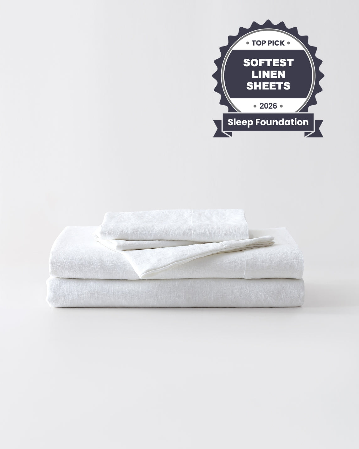 A stack of white linen sheets against a plain background. [39418737524920, 39418737557688, 39418737590456, 45933184057563,46509672988891]